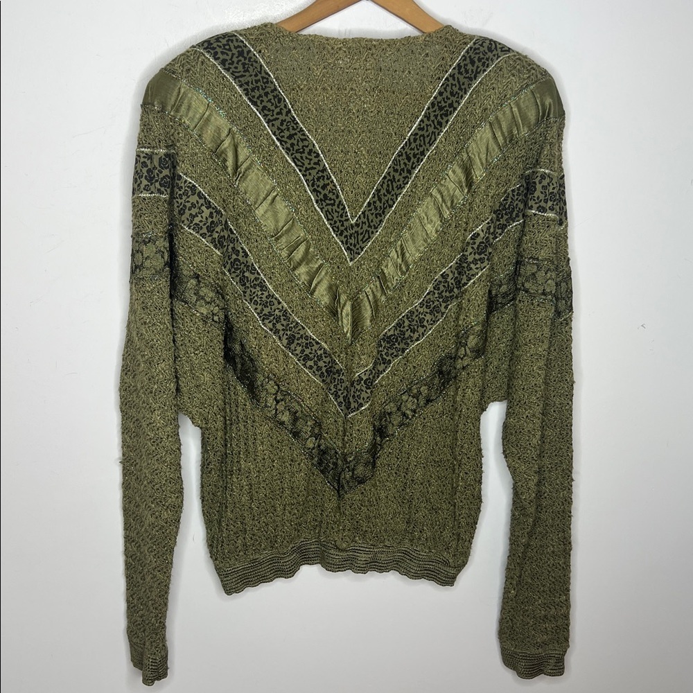 Vintage 80s Olive Green Patchwork Dolman Sweater Italian Boho Textured Slouchy - Picture 11 of 14